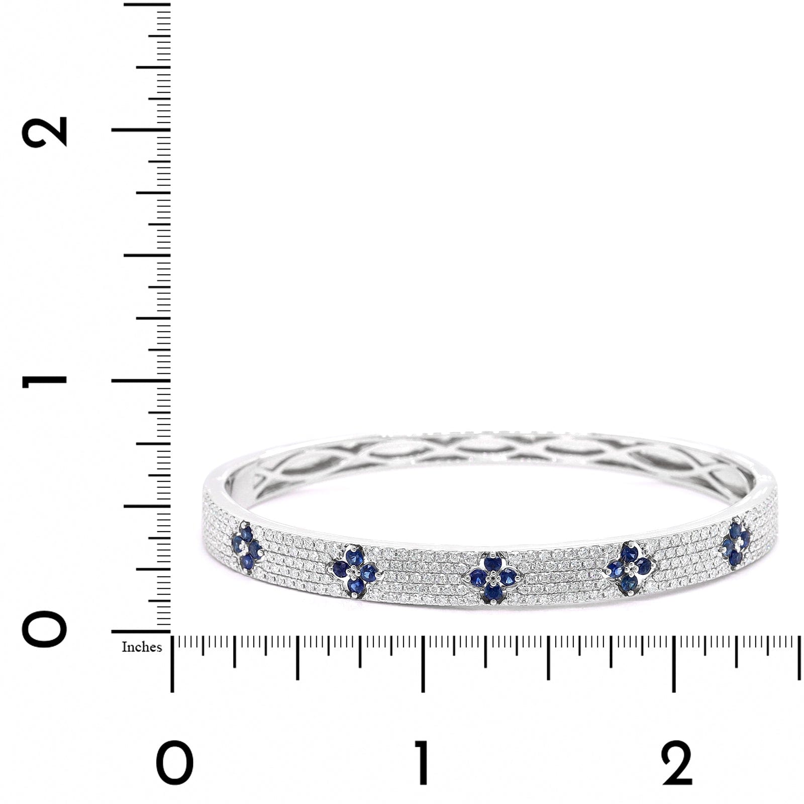 18K White Gold Pave Diamond and Blue Sapphire Clover Station Bangle bracelet