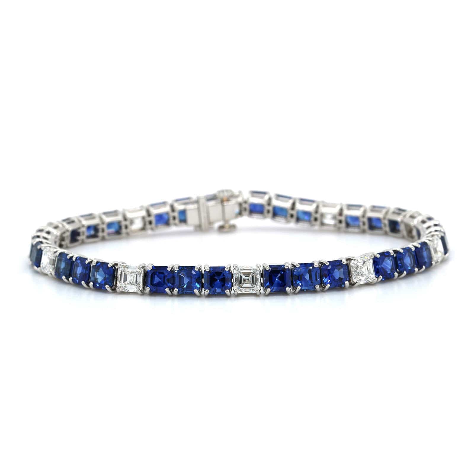 Platinum Asscher Cut Blue Sapphire and Diamond Tennis Bracelet