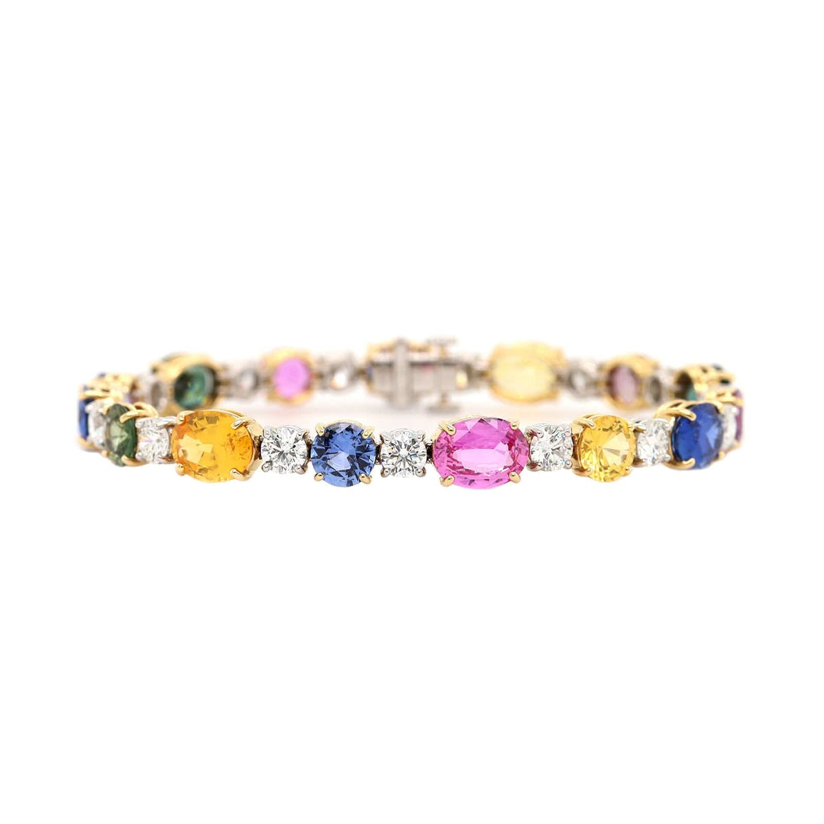 Platinum and 18K Yellow Gold Multi Colored Sapphire and Diamond Tennis Bracelet