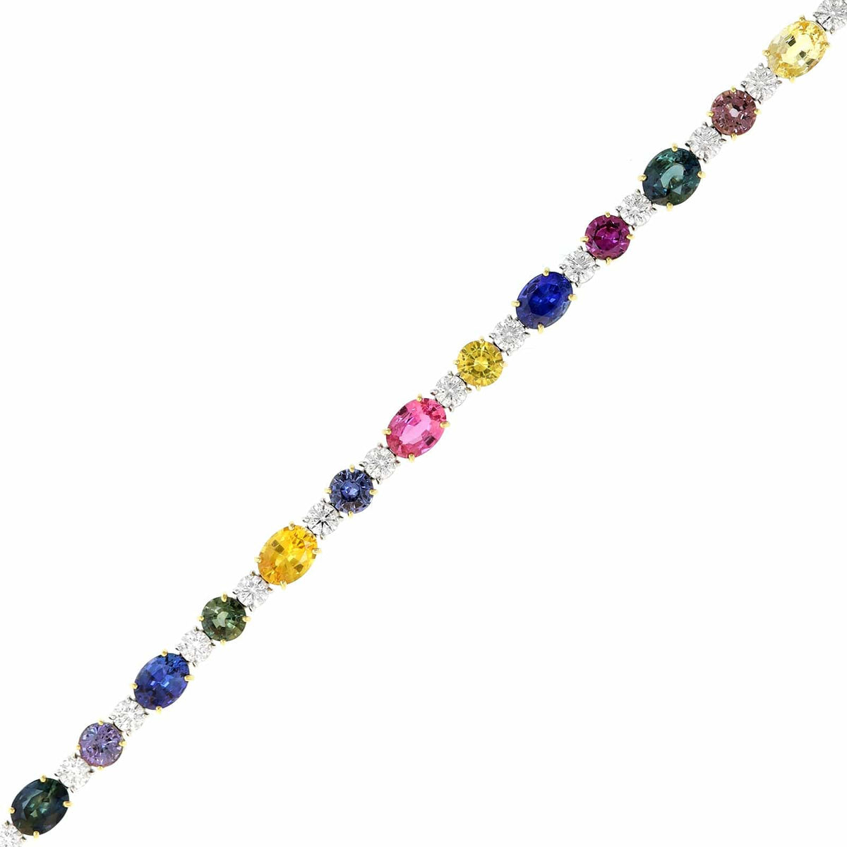 Platinum and 18K Yellow Gold Multi Colored Sapphire and Diamond Tennis Bracelet