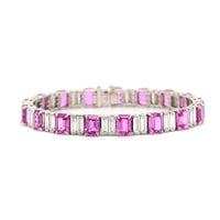 Platinum Alternating Emerald Cut Pink Sapphire and Baguette Shaped Diamond Bracelet