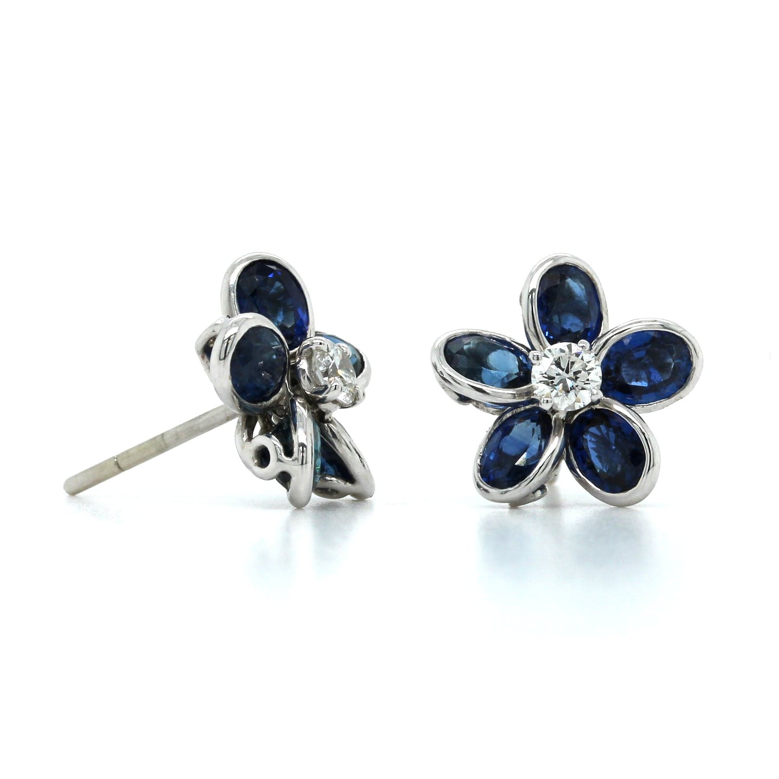 Platinum Sapphire and Diamond Flower Stud Earrings