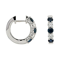 14K White Gold Round Blue Sapphire and Diamond Hoop Earrings