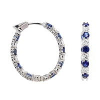 18K White Gold Round Blue Sapphire and Diamond Hoop Earrings