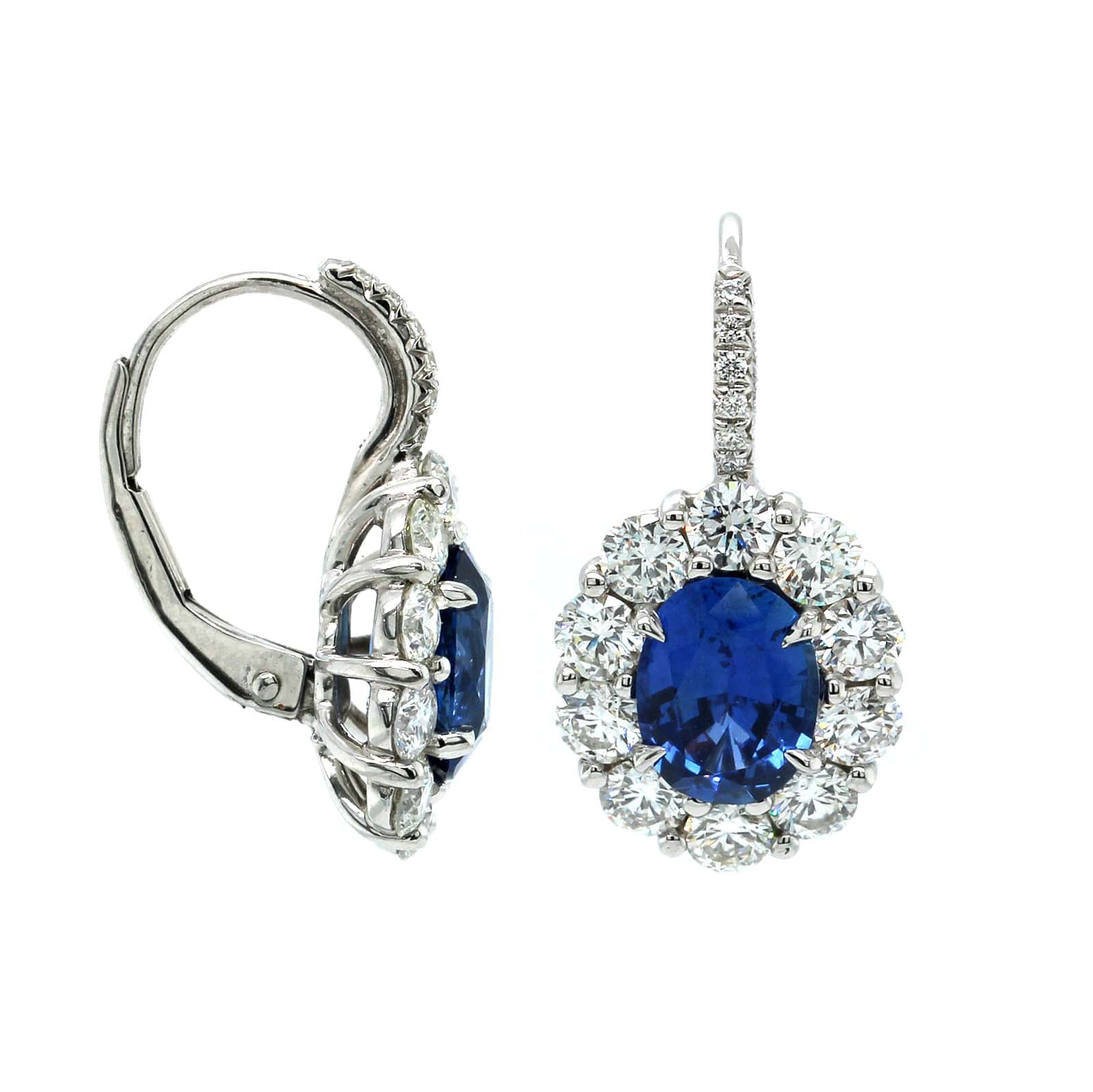 Platinum Sapphire and Diamond Halo Dangle Earrings