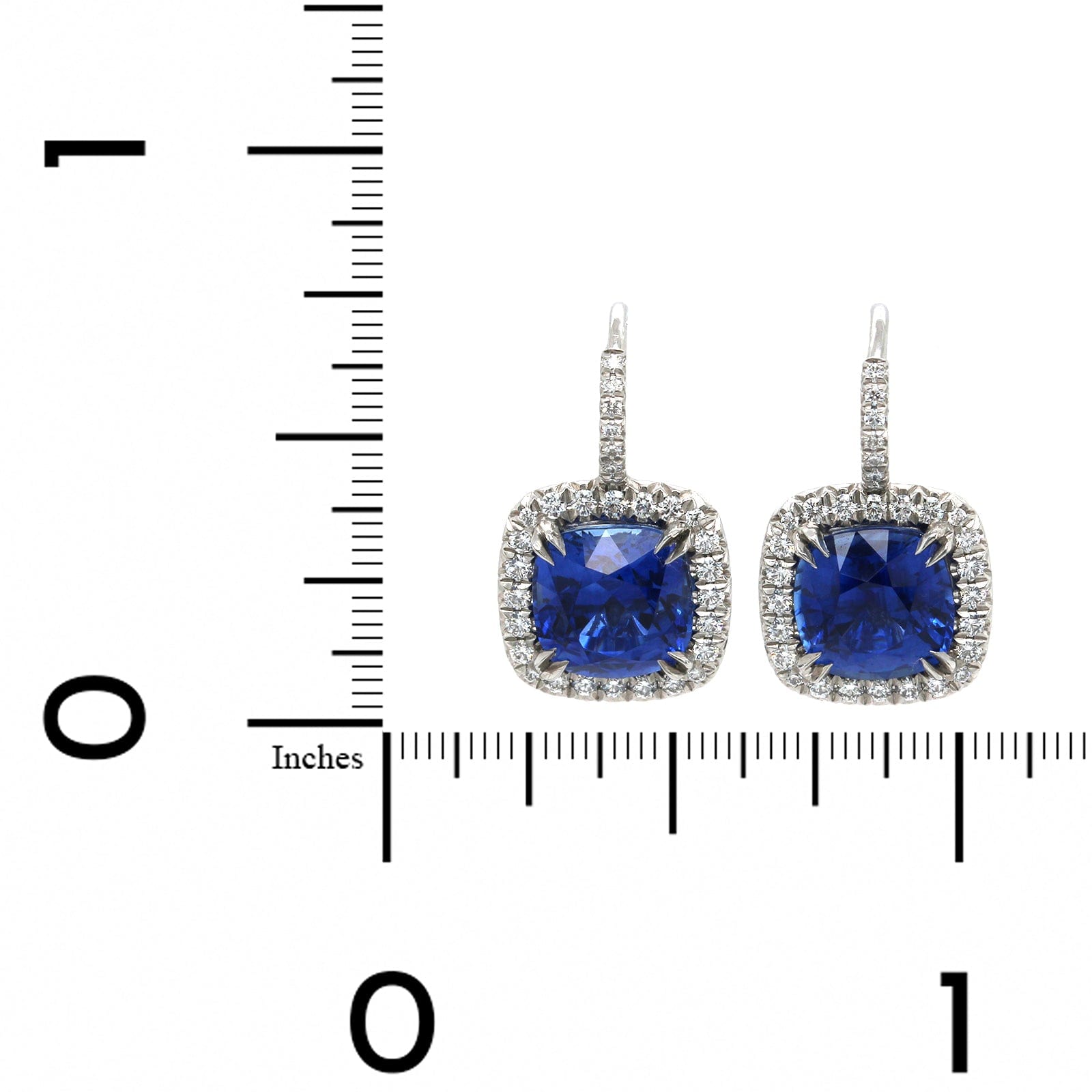 Platinum Cushion Sapphire Diamond Halo Drop Earrings