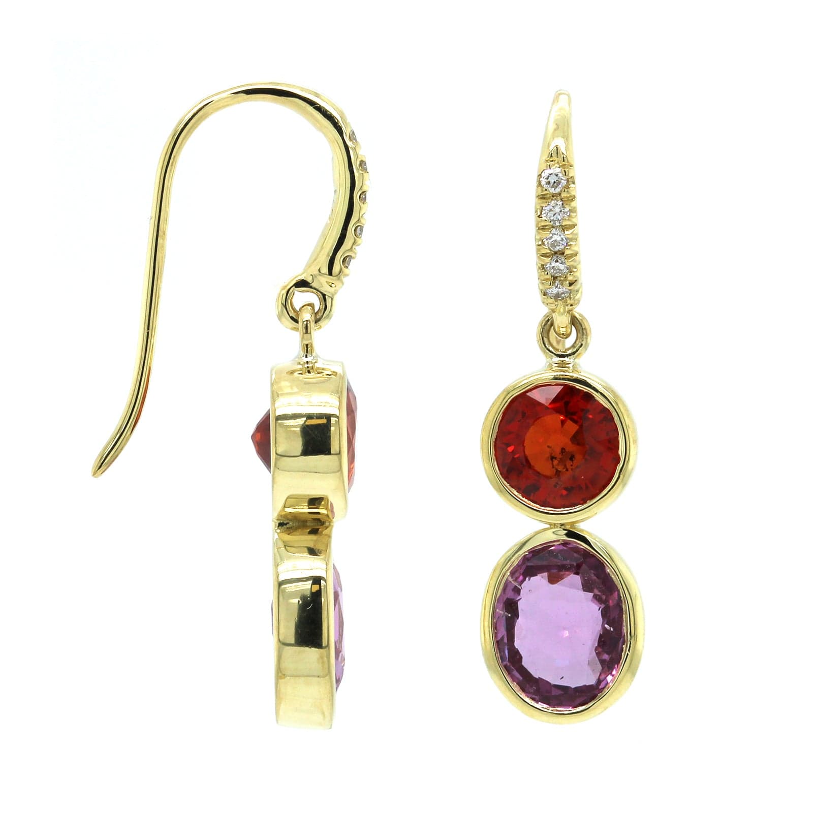 18K Yellow Gold Orange and Pink Sapphire Diamond Drop Earrings