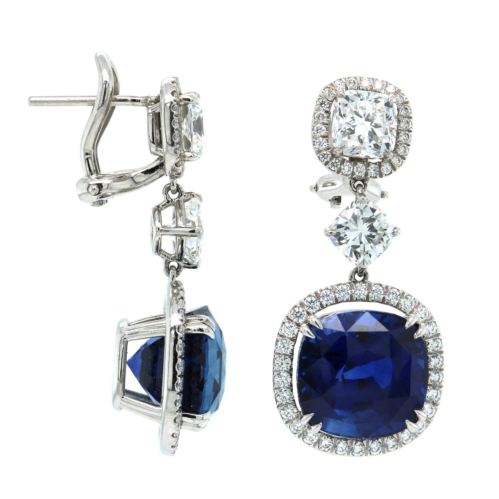 Platinum Royal Blue Sapphire & Diamond Halo Drop Earrings