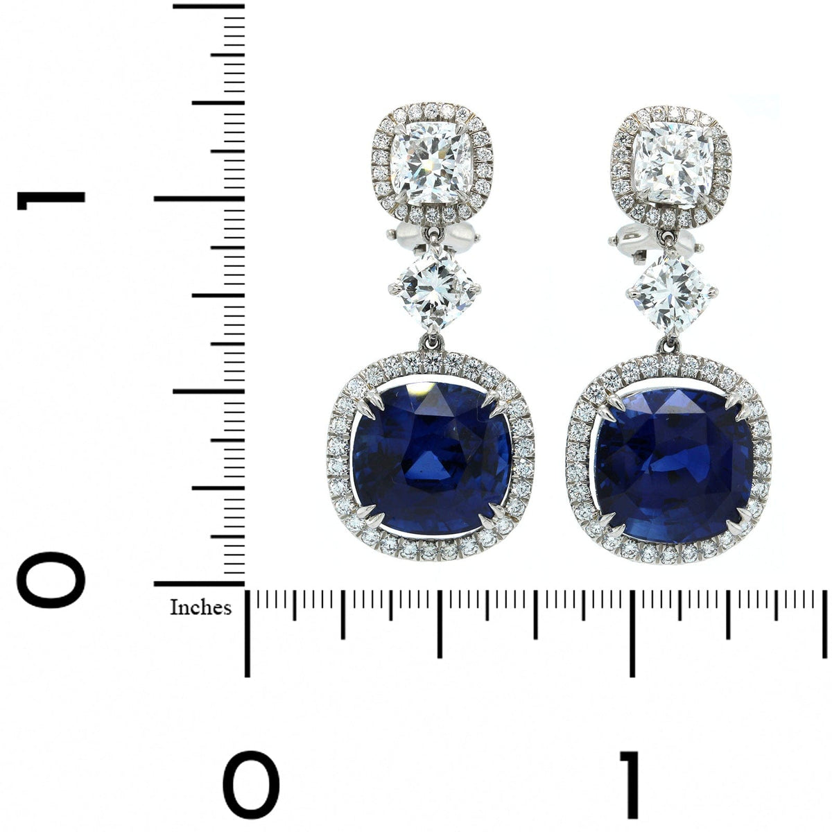 Platinum Royal Blue Sapphire & Diamond Halo Drop Earrings