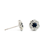 14K White Gold Round Sapphire and Diamond Halo Stud Earrings