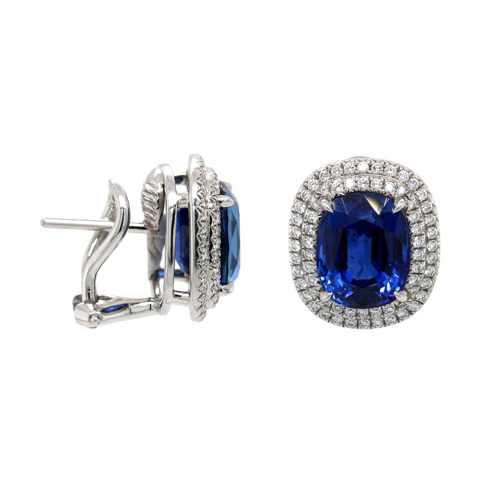 Platinum Cushion Cut Blue Sapphire & Double Diamond Halo Studs