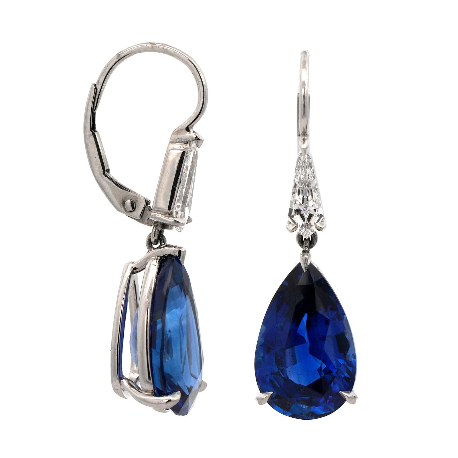Platinum Pear Shaped Sapphire and Diamond Dangle Earrings