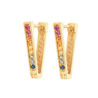 Three Stories 14K Yellow Gold Double Sided V Shaped Sapphire and Diamond Hoops
