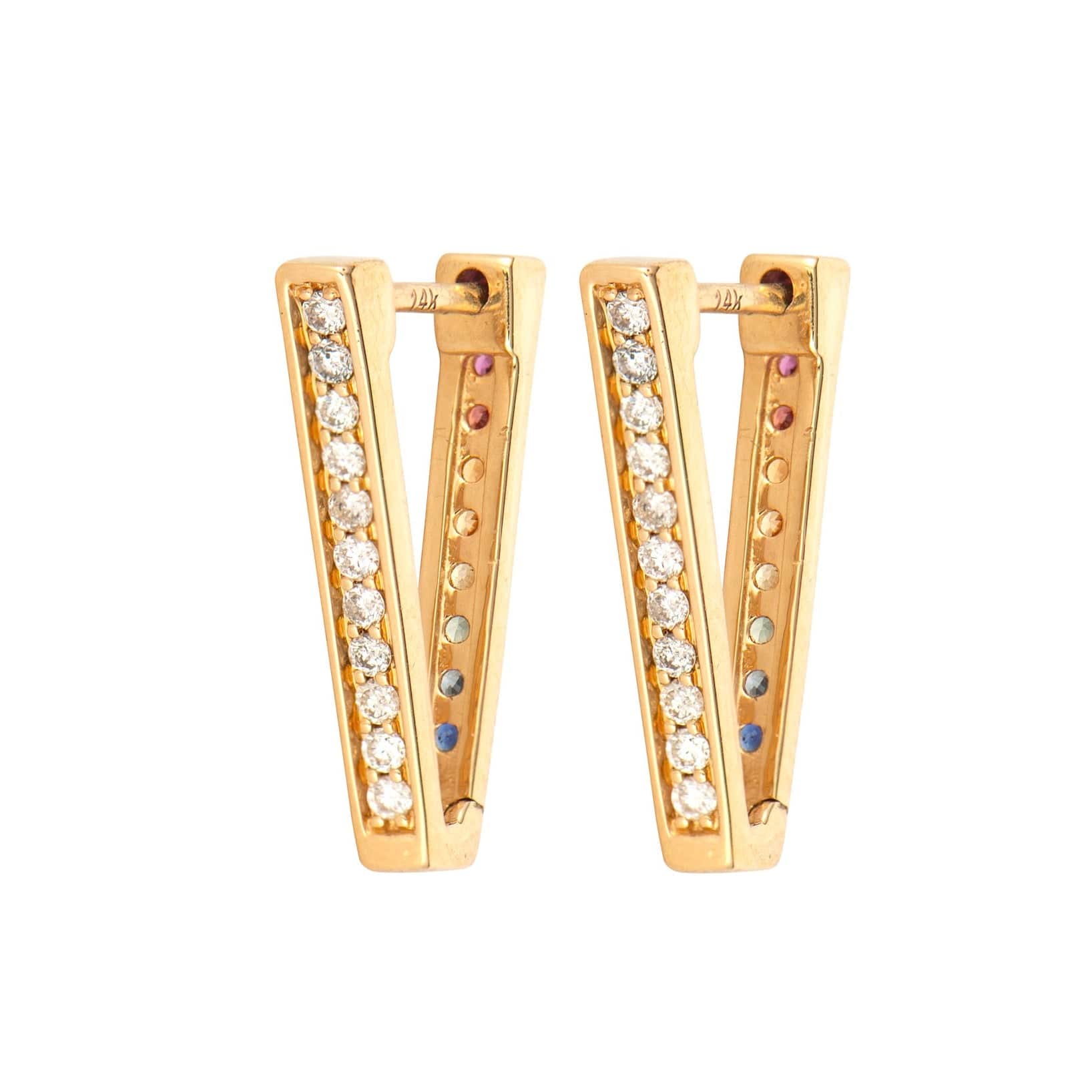 Three Stories 14K Yellow Gold Double Sided V Shaped Sapphire and Diamond Hoops