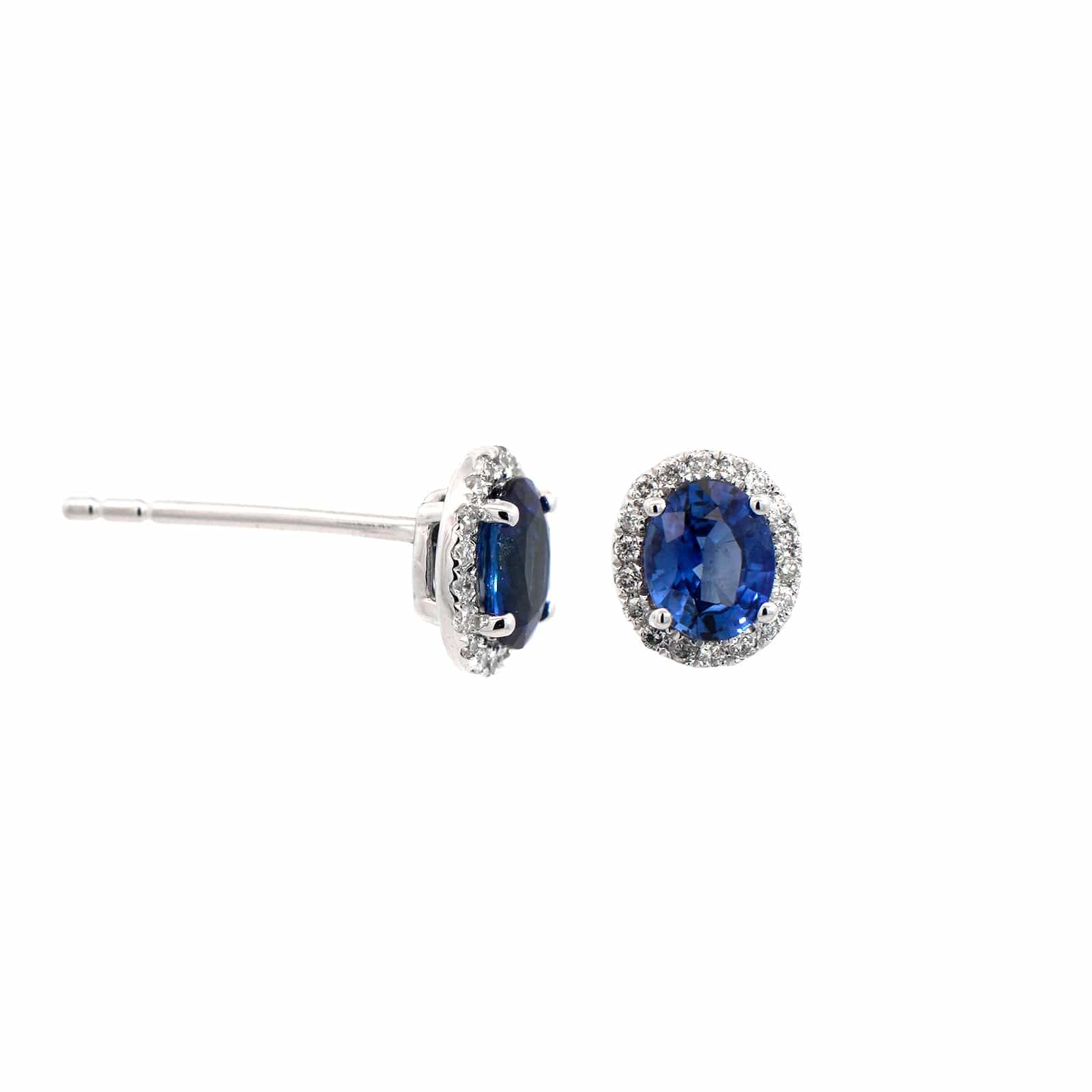 14K White Gold Diamond & Oval Sapphire Stud Earrings
