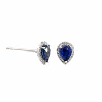14K White Gold Diamond & Pear Shaped Sapphire Stud Earrings