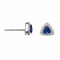 14K White Gold Trillion Cut Sapphire and Diamond Halo Stud Earrings