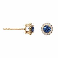 14K Yellow Gold Round Sapphire and Diamond Halo Stud Earrings