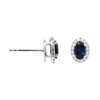14K White Gold Oval Blue Sapphire and Diamond Stud Earrings