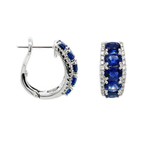 14K White Gold Blue Sapphire and Diamond Huggie Earrings