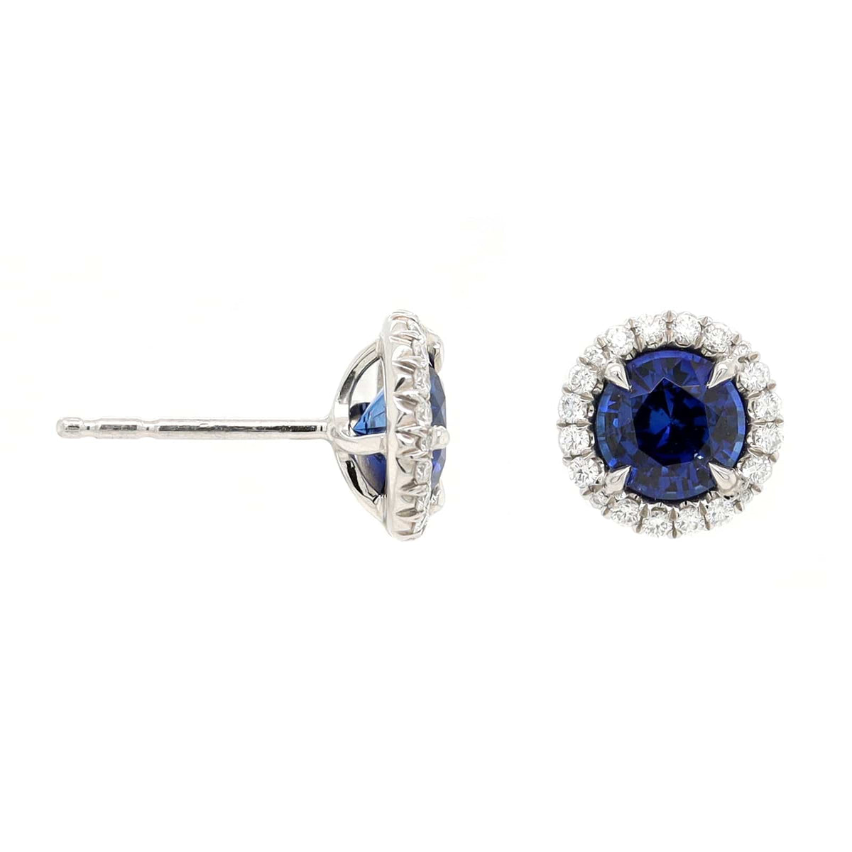 Platinum Round Blue Sapphire and Diamond Halo Stud Earrings