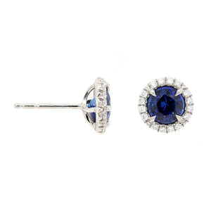 Platinum Round Blue Sapphire and Diamond Halo Stud Earrings