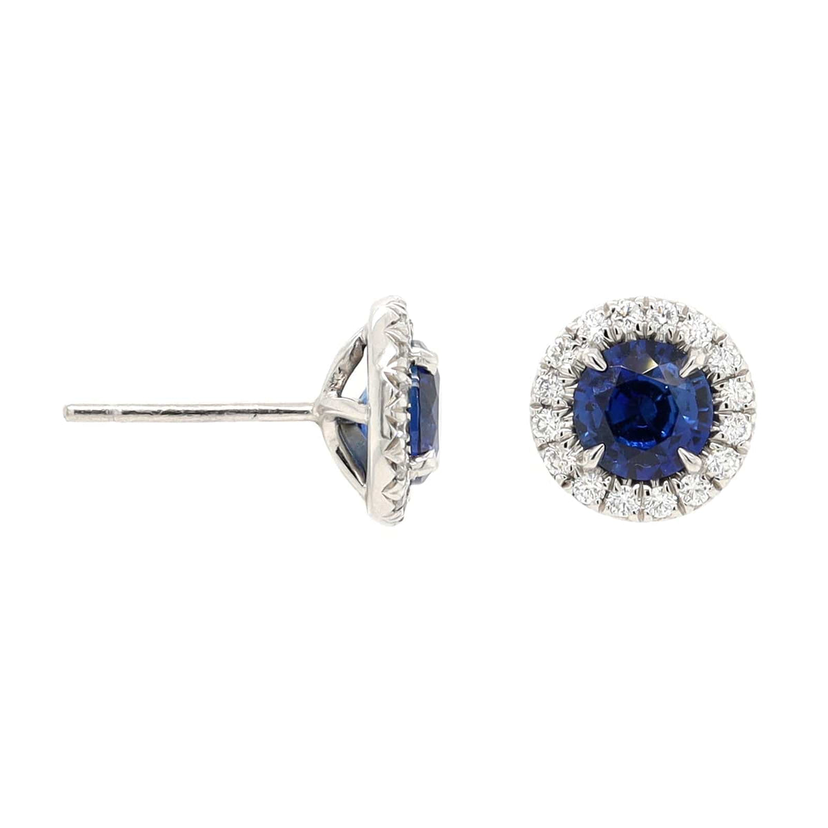 Platinum Round Blue Sapphire and Diamond Halo Stud Earrings