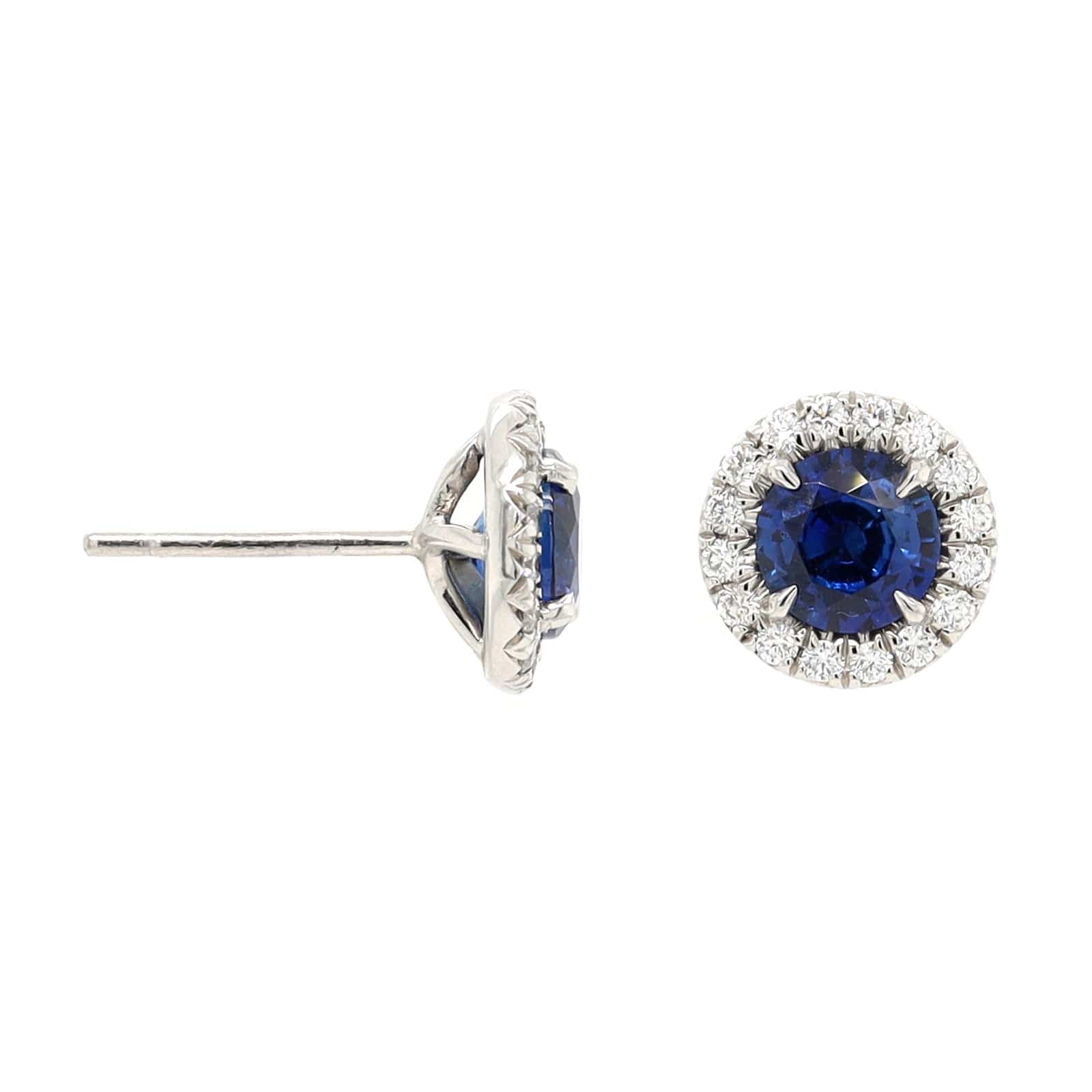 Platinum Round Blue Sapphire and Diamond Halo Stud Earrings