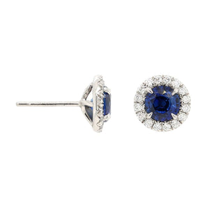 Platinum Round Blue Sapphire and Diamond Halo Stud Earrings