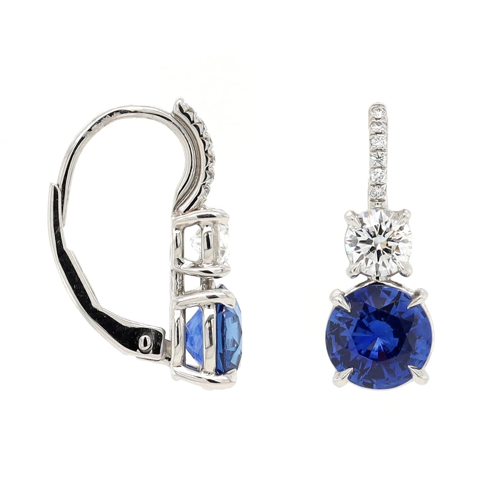 Platinum Sapphire and Round Diamond Earrings