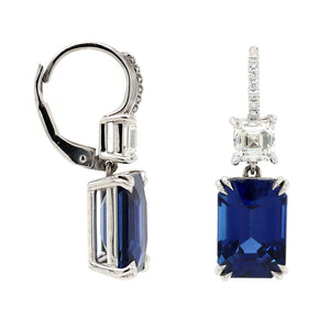 Platinum Asscher Cut Sapphire and Diamond Drop Earrings