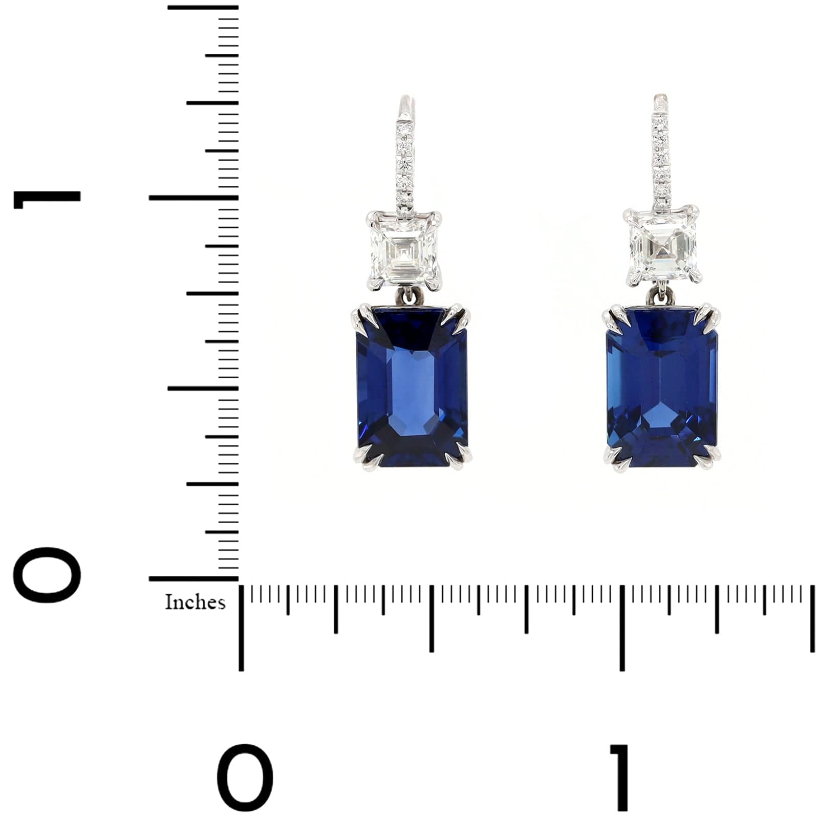 Platinum Asscher Cut Sapphire and Diamond Drop Earrings