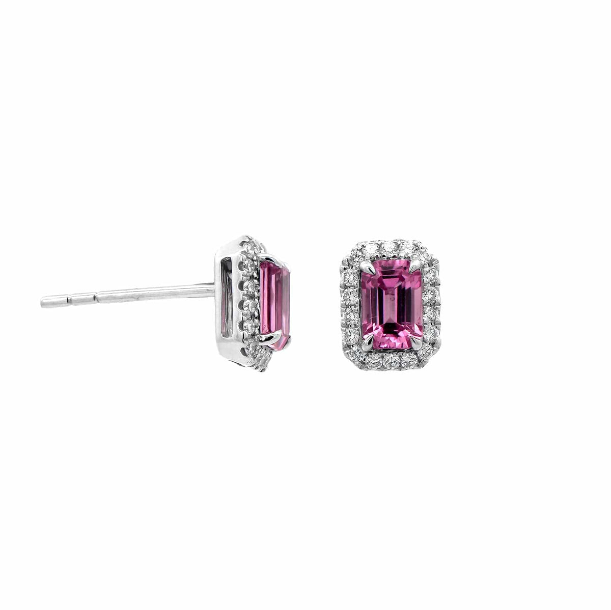 18K White Gold Octagonal Pink Sapphire and Diamond Stud Earrings