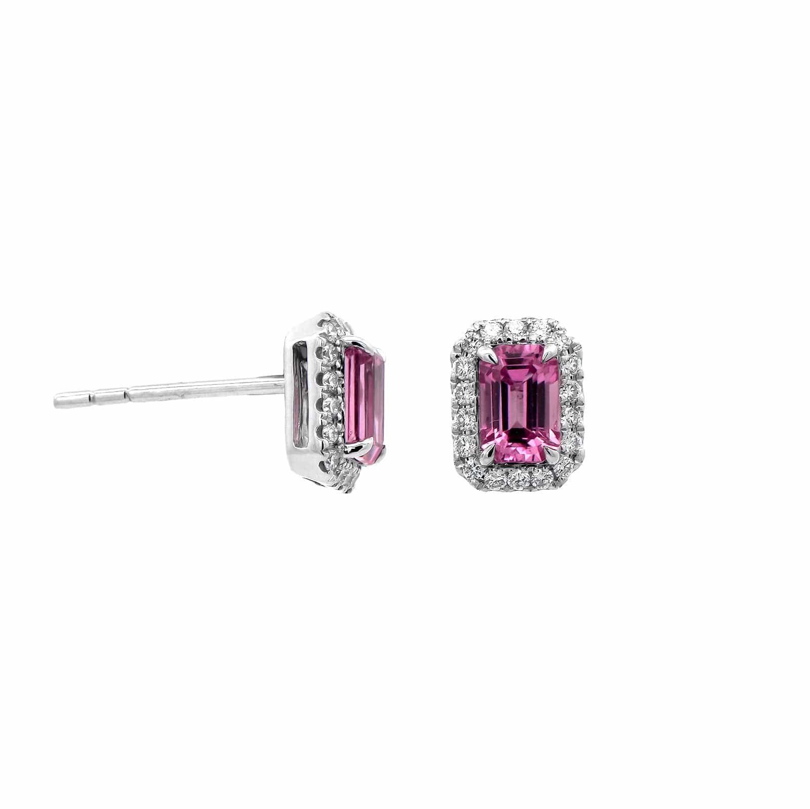 18K White Gold Octagonal Pink Sapphire and Diamond Stud Earrings