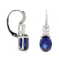 Platinum Oval Blue Sapphire and Diamond Dangle Earrings