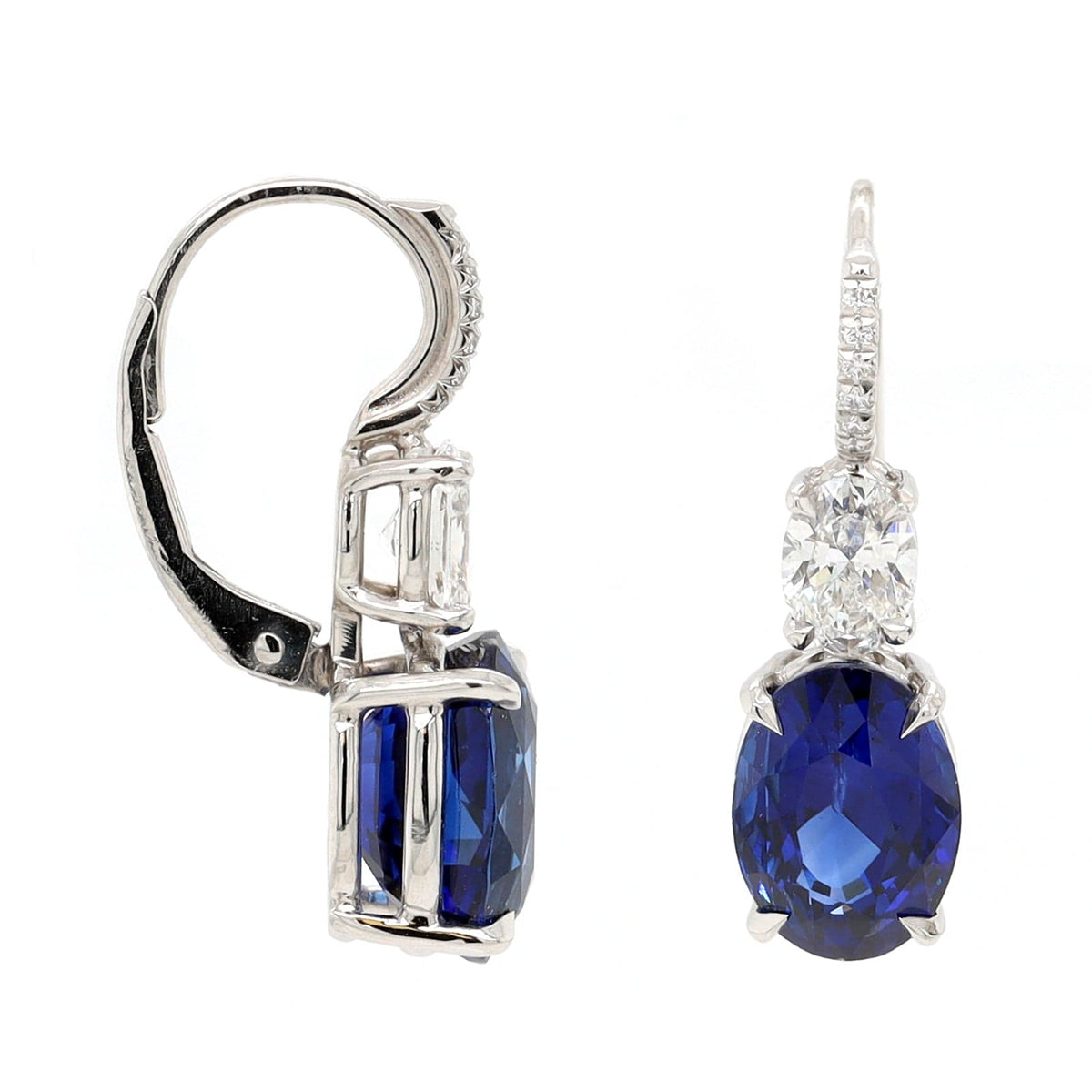 Platinum Oval Blue Sapphire and Diamond Dangle Earrings