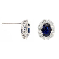 18K White Gold Oval Sapphire and Diamond Halo Stud Earrings