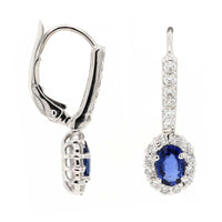 18K White Gold Oval Sapphire and Diamond Halo Drop Earrings