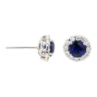 18K White Gold Round Sapphire and Diamond Halo Stud Earrings