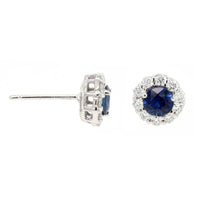 18K White Gold Round Sapphire and Diamond Halo Stud Earrings