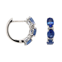 14K White Gold Oval Blue Sapphire and Diamond Huggie Earrings
