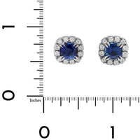 Platinum Cushion Cut Blue Sapphire and Round Diamond Halo Stud Earrings