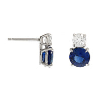 Platinum 4 Prong Round Blue Sapphire and Diamond Stud Earrings
