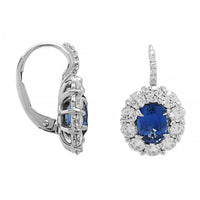 Platinum Oval Blue Sapphire and Diamond Halo Drop Earrings