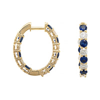 18K Yellow Gold .75" Inside Out Round Sapphire and Diamond Hoop Earrings