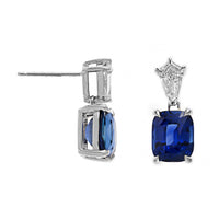18K White Gold Cushion Sapphire and Kite Diamond Dangle Earrings