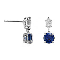 18K White Gold Round Sapphire and Marquise Cut Diamond Dangle Earrings