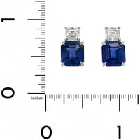 Platinum 2 Stone Emerald Cut Sapphire and Asscher Cut Diamond Stud Earrings