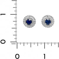18K White Gold Round Blue Sapphire and Double Diamond Halo Stud Earrings
