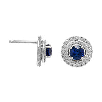 18K White Gold Round Blue Sapphire and Double Diamond Halo Stud Earrings